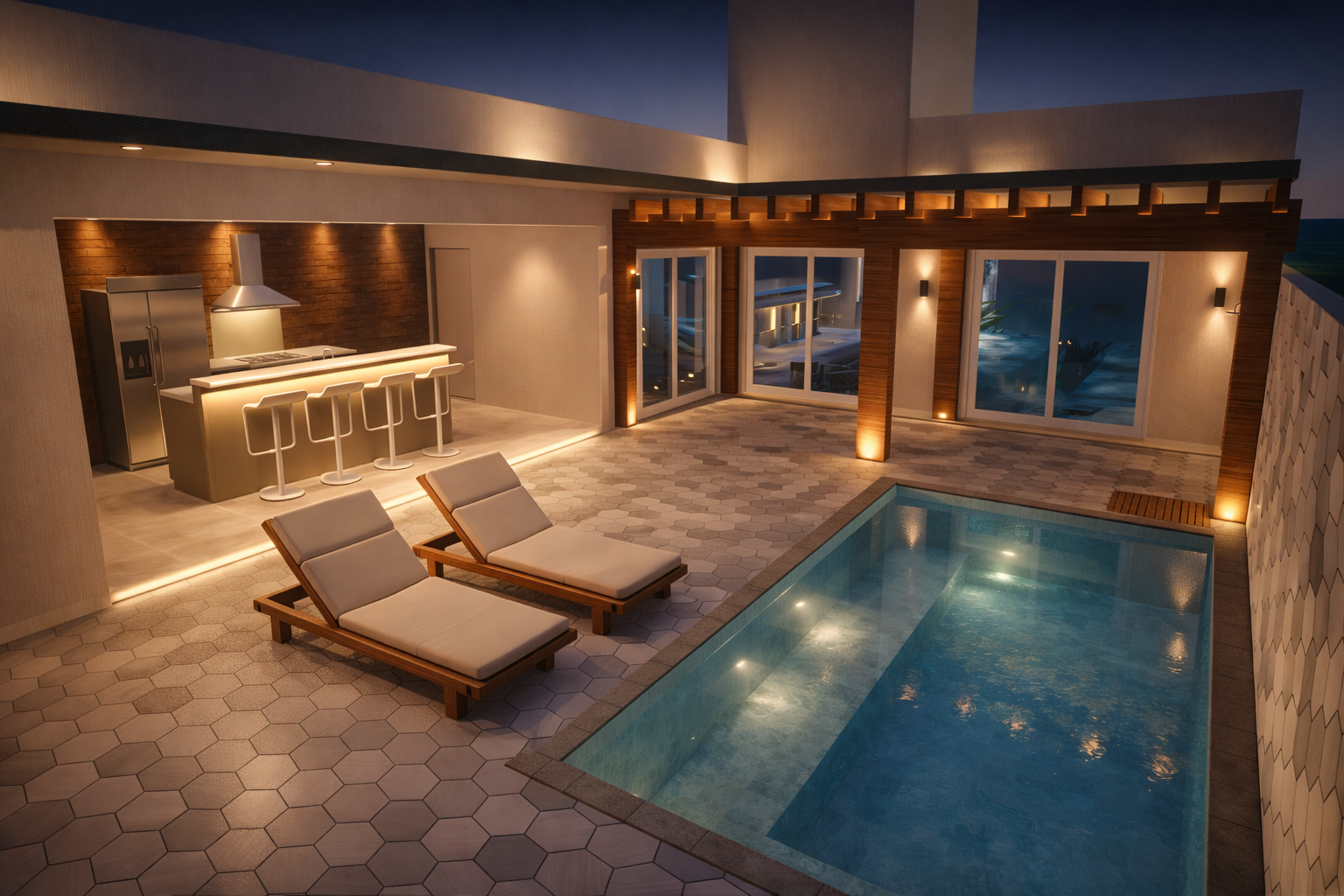 Área externa com cozinha e piscina