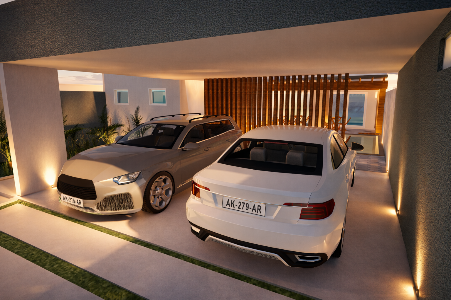 Estacionamento moderno ao entardecer